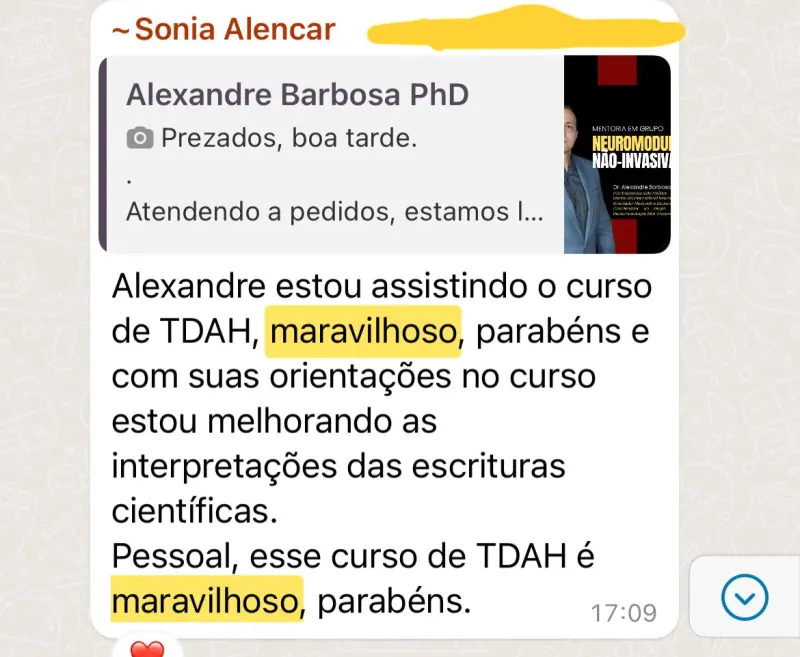 Testimonio original: participante elogia el curso de TDAH